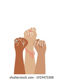 Dibujo de tres puños. Las manos de las mujeres como símbolo de poder y protesta. Ilustración vectorial plana.