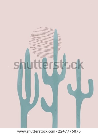 Drawing of three green cacti and sun made from misshapen strokes on a red pastel background. vector illustration.