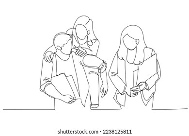 Drawing of three happy students and friends hangout together in an university cafetaria. Continuous line art style
