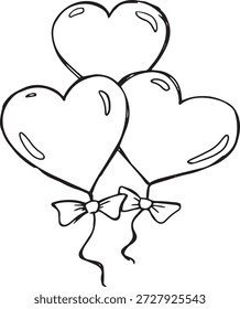Un dibujo de tres globos en forma de corazón reunidos. Los dos globos delanteros están adornados con cintas atadas en lazos. Las sutiles marcas de resaltado en la superficie crean un efecto brillante y reflectante.