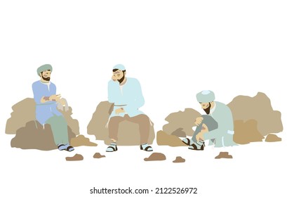 A drawing of three lepers. Unclean. Orthodox Jews in Jerusalem outside the city gates. Sit on the ground and on the rocks and treat their wounds. Traditional authentic historical attire. Isolated. 