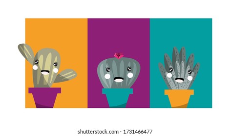 Drawing of three nice cactus. Editable vector.