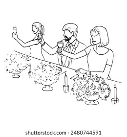 drawing of three people sitting at a table raising their glasses - hand drawn line sketch. one side of the table with guests with glasses up