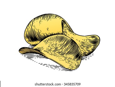 Drawing Of Three Potato's Chips On The White Background