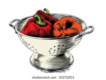 Drawing of three red whole peppers in the white colander