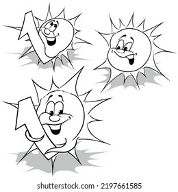 Drawing of Three Smiling Suns - Cartoon Illustration Isolated on White Background, Vector