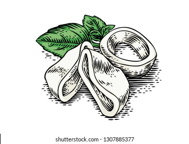 Drawing of three squid rings with leaves of green fresh basil