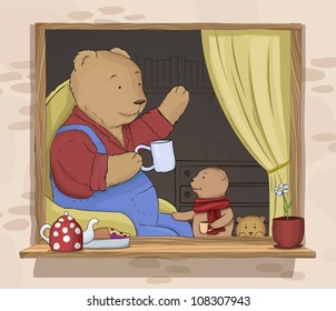 A drawing of three teddy bears drinking tea. Vector illustration