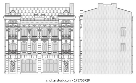 Drawing three-storey house in baroque style front and side