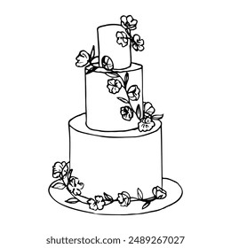 drawing of a three-tiered cake decorated with a vine of flowers - hand drawn doodle