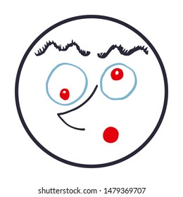 Drawing of a tired face with crooked eyes and a round mouth.