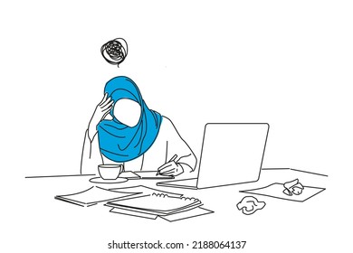Drawing of tired young muslim business woman feeling stressed holding head with hands. Single continuous line art
