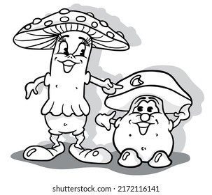 Drawing of a Toadstool and a Boletus Like a Couple of Mushrooms - Cartoon Illustration Isolated on White Background, Vector