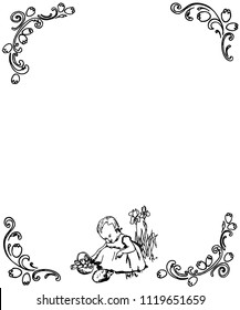 drawing of  toddler with Hedgehog , hand-drawn vector illustration
