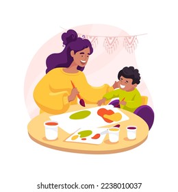 Drawing together isolated cartoon vector illustration. Woman teach disabled kid painting, in-home caregiver drawing with a child with special needs, sit at the table together vector cartoon.