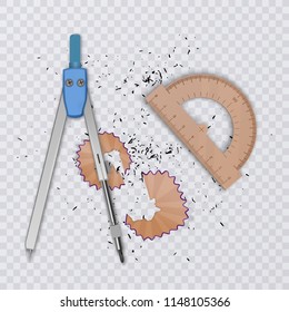 Drawing tool kit, compass, pencil and ruler on transparent background, school supplies, vector illustration