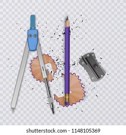 Drawing tool kit, compass, pencil and ruler on transparent background, school supplies, vector illustration