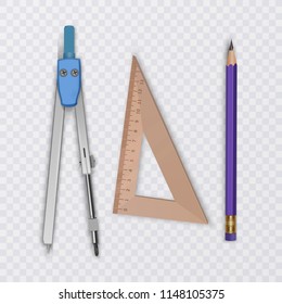 Drawing tool kit, compass, pencil and ruler on transparent background, school supplies, vector illustration