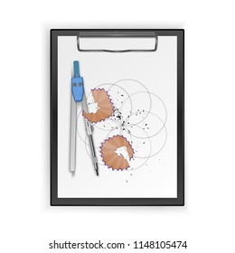 Drawing tool kit, compass, pencil on clipboard, drawing tools. Vector illustration