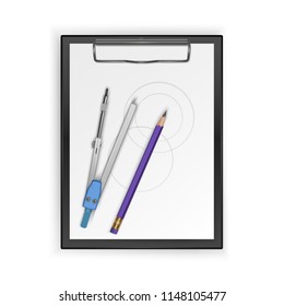 Drawing tool kit, compass, pencil on clipboard, drawing tools. Vector illustration