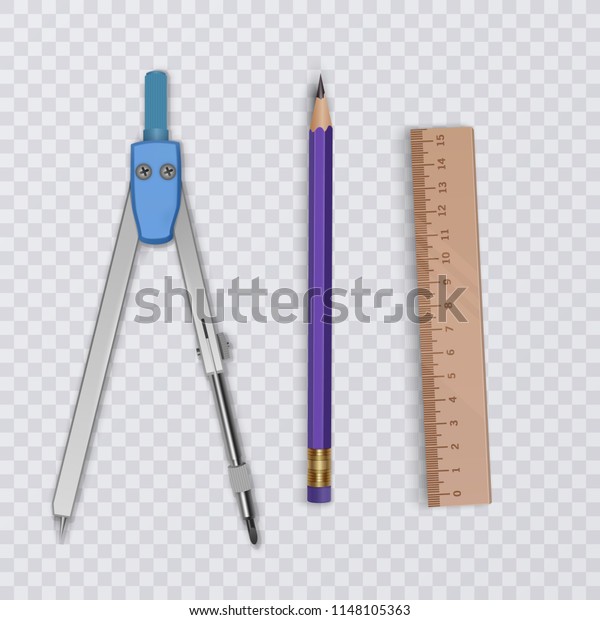 Drawing tool kit,
compass, pencil and ruler on transparent background, school
supplies, vector
illustration