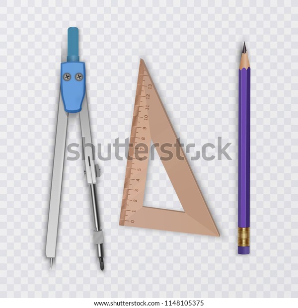 Drawing tool kit,
compass, pencil and ruler on transparent background, school
supplies, vector
illustration