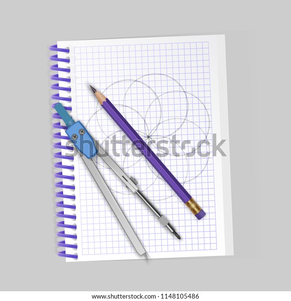 Drawing tool kit, compass, pencil on\
notebook, realistic drawing tools. Vector\
illustration