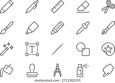 Conjunto de ícones da linha da ferramenta de desenho. Coleção de símbolos de contorno fino para design gráfico, arte e aplicações criativas. Ilustração de vetor isolada.