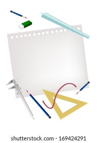 Drawing Tool, Sharpened Pencils and Eraser with Vernier Caliper and Geometric Rulers Lying on Blank Spiral Paper for Sketch and Draw An Architectural Drawing. 