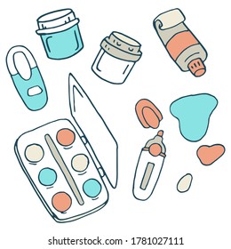 Drawing tool sticker set on white isolated backdrop. Stationery for invitation or gift card, notebook, bath tile, scrapbook. Phone case or cloth print art. Doodle style stock vector illustration