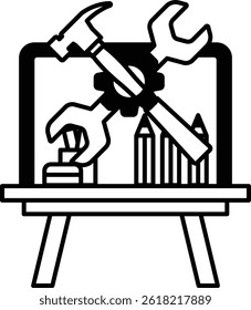 A drawing of a toolbox with a hammer, screwdriver, and wrench
