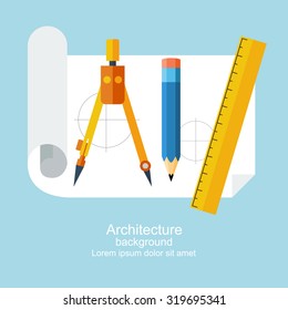 Drawing tools. Architecture, design, building, planning. can be used for education and school. Ruler, pencil, paper, drawing compass. Modern flat style, vector illustration