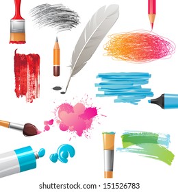Drawing tools and bright colorful banners painted by them
