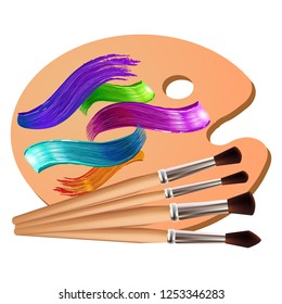 Drawing tools cartoon elements colorful vector concept. Art supplies: palette, brushes, watercolor background. Drawing materials creative illustration workshop designs