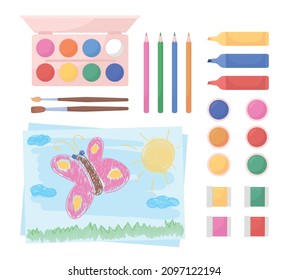 Outils de dessin pour enfants ensemble d'objets vectoriels à demi-plat couleur. Élément réaliste sur blanc. Illustration de style de dessin animé moderne isolée pour la création graphique et la collection d'animation