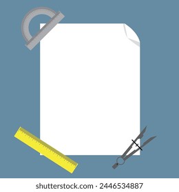 Drawing Tools Compass and Rulers on a Sheet of Paper. Design and architecture concept vector