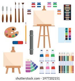 Drawing tools. Creative materials for an art workshop in a cartoon style. Easel, canvas, pencils, brushes, palette, paint tools for watercolor painting, isolated on a white background. 