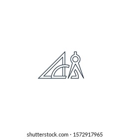 Drawing tools. Engineering modeling. Development of a new project. Vector linear icon on a white background.
