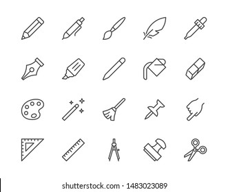 Drawing tools flat line icons set. Pen, pencil, paintbrush, dropper, stamp, smudge, paint bucket, vector illustrations. Outline minimal signs for web interface. Pixel perfect. Editable Strokes.