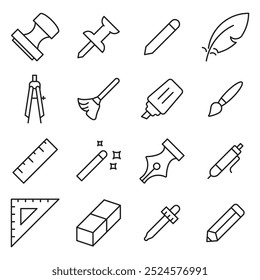 
Zeichentools für flache Linien eingestellt. Stift, Bleistift, Pinsel, Tropfer, Stempel, Schmutzspritzer, Lackeimer, Vektorgrafiken. Minimale Zeichen für Web-Schnittstelle umreißen