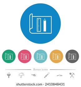 Drawing tools flat white icons on round color backgrounds. 6 bonus icons included.