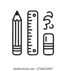 Drawing tools icon set includes a sharpened wooden pencil a measuring ruler and a block eraser symbolizing creativity design and fundamental school or office supplies.