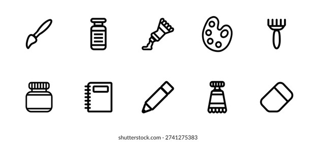 Drawing tools icon set, simple black outline. Wisp paintbrush, opened paint tube, tall paint bottle.