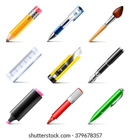 Drawing tools icons detailed photo realistic vector set