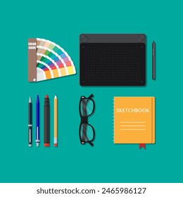 Herramientas de dibujo aisladas, equipo para diseñador, lugar de trabajo del artista. Gafas, cuaderno de bocetos, tableta gráfica, pantone, marcador de lápiz de pluma. Ilustración vectorial en estilo plano