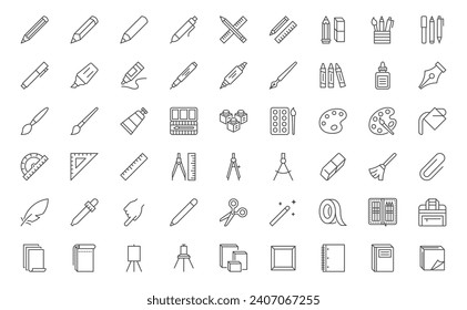 Juego de iconos de línea de herramientas de dibujo. Lápiz, regla, borrador, marcador de línea, marcador de resaltado, cuaderno, cuaderno, pincel ilustraciones vectoriales mínimas. Sencillos signos de contorno para el papel. Stroke Editable