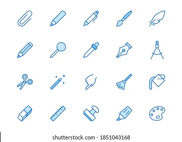 Drawing tools line icons set. Pen, pencil, paintbrush, dropper, stamp, smudge, paint bucket minimal vector illustrations. Simple outline signs for web interface. Blue color, Editable Stroke.