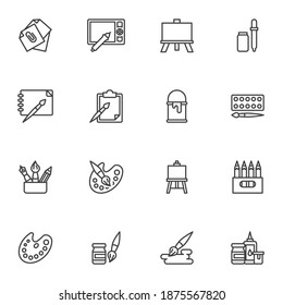 Juego de iconos de línea de herramientas de dibujo, colección de símbolos de vector de contorno, paquete de pictogramas de estilo lineal. Señales, ilustración del logotipo. El conjunto incluye iconos como clip de papel, tableta de dibujo, pincel, paleta, comilla