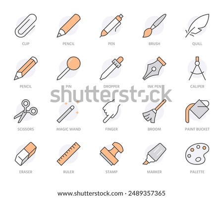 Drawing tools line icons set. Pen, pencil, paintbrush, dropper, stamp, smudge, paint bucket minimal vector illustrations. Simple outline signs for web interface. Orange color. Editable Strokes