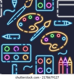 Drawing tools neon seamless pattern. Vector Background with school signs
